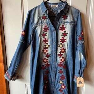 Western style below knee embroidered, lightweight denim dress, size S